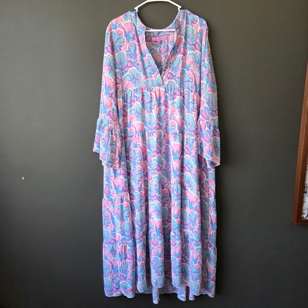Simply Southern XXL Pink Blue Floral Tiered Maxi Dress Long Bell Sleeve V-Neck - Picture 1 of 8